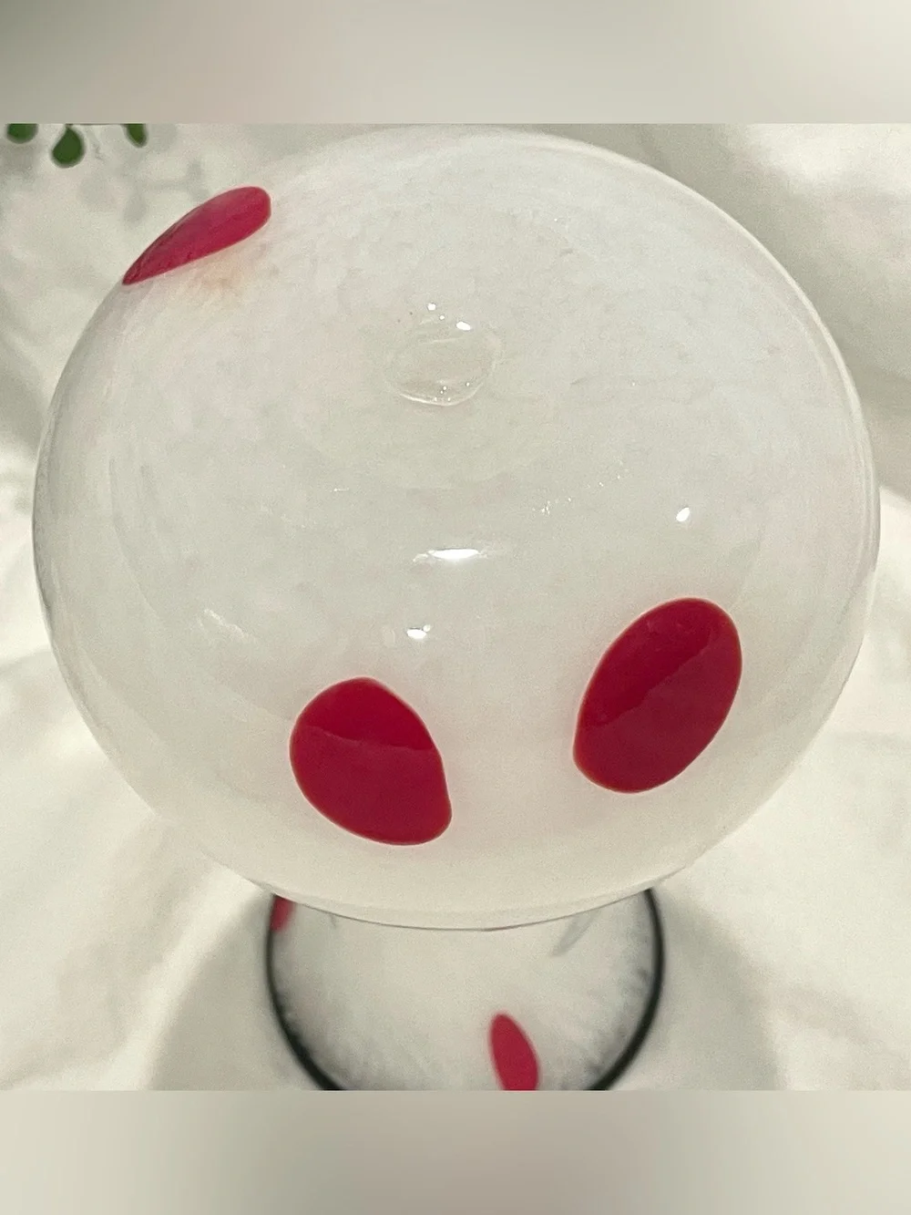 Mottled White w Red Abstract Polka Dots Black Top Rim Glass Art Vase | EUC